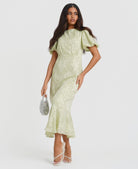 Mint Jacquard Puff Sleeve Midi Dress