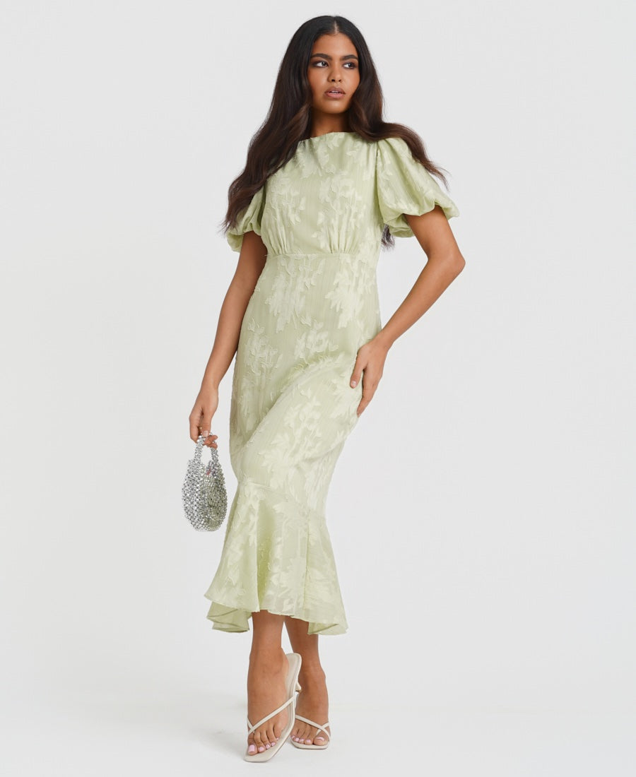 Mint Jacquard Puff Sleeve Midi Dress