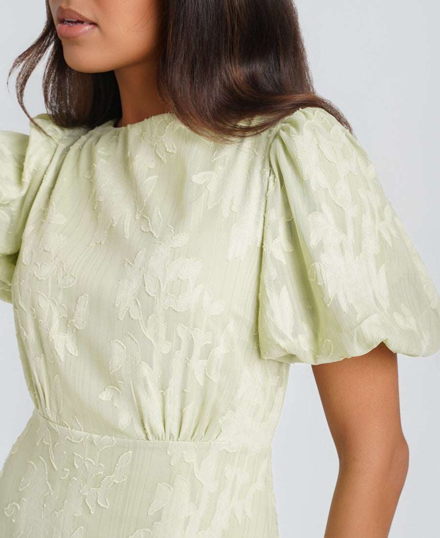 Mint Jacquard Puff Sleeve Midi Dress