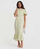 Mint Jacquard Puff Sleeve Midi Dress