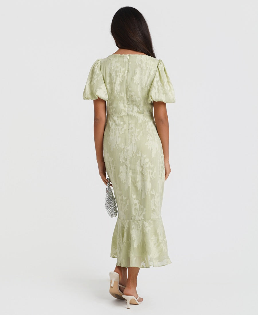 Mint Jacquard Puff Sleeve Midi Dress back