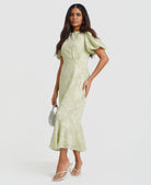Mint Jacquard Puff Sleeve Midi Dress