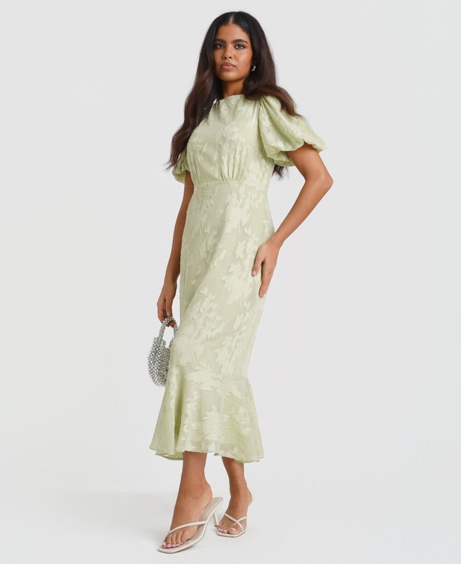 Mint Jacquard Puff Sleeve Midi Dress