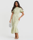Mint Jacquard Puff Sleeve Midi Dress