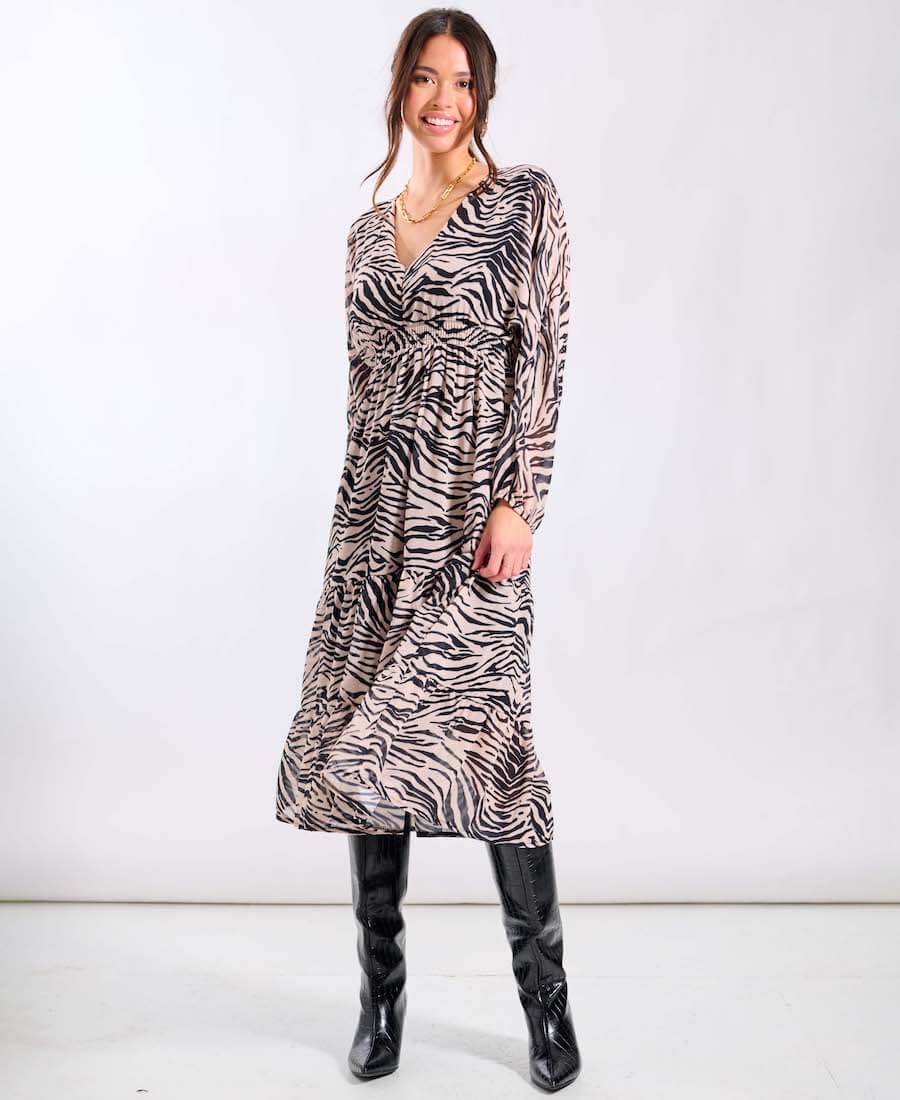 Mono Animal Tiered Chiffon Midi Dress