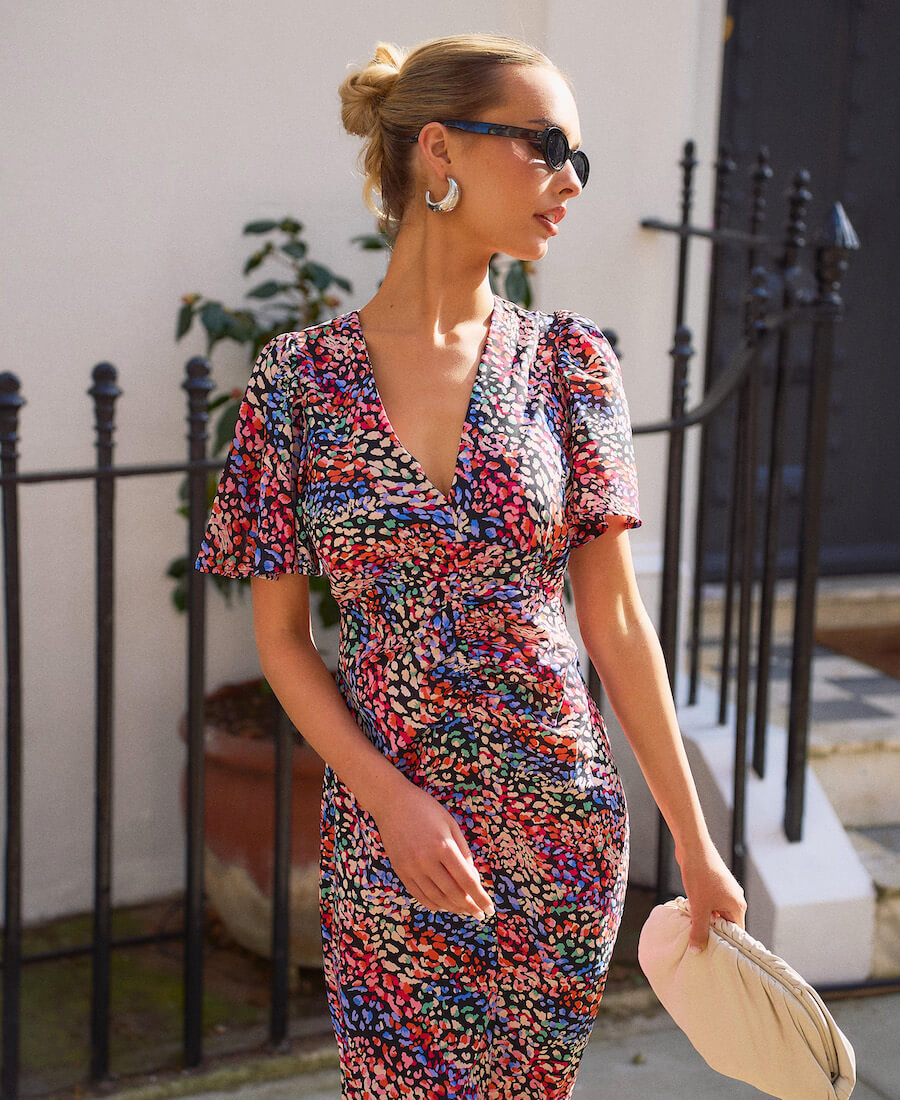 Multicoloured Animal Ruche Midi Dress