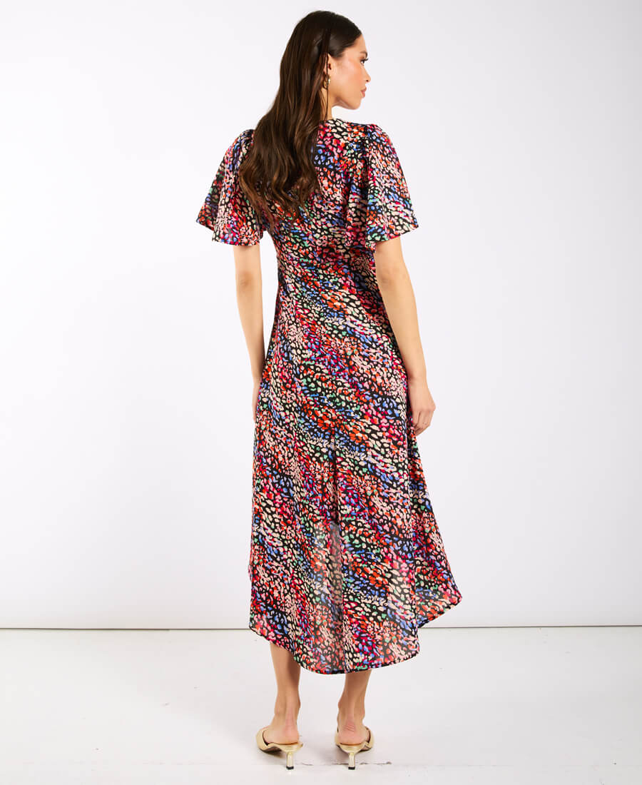 Multicoloured Animal Ruche Midi Dress back