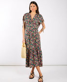 Multicoloured Floral Gathered Sleeve Midi Dress