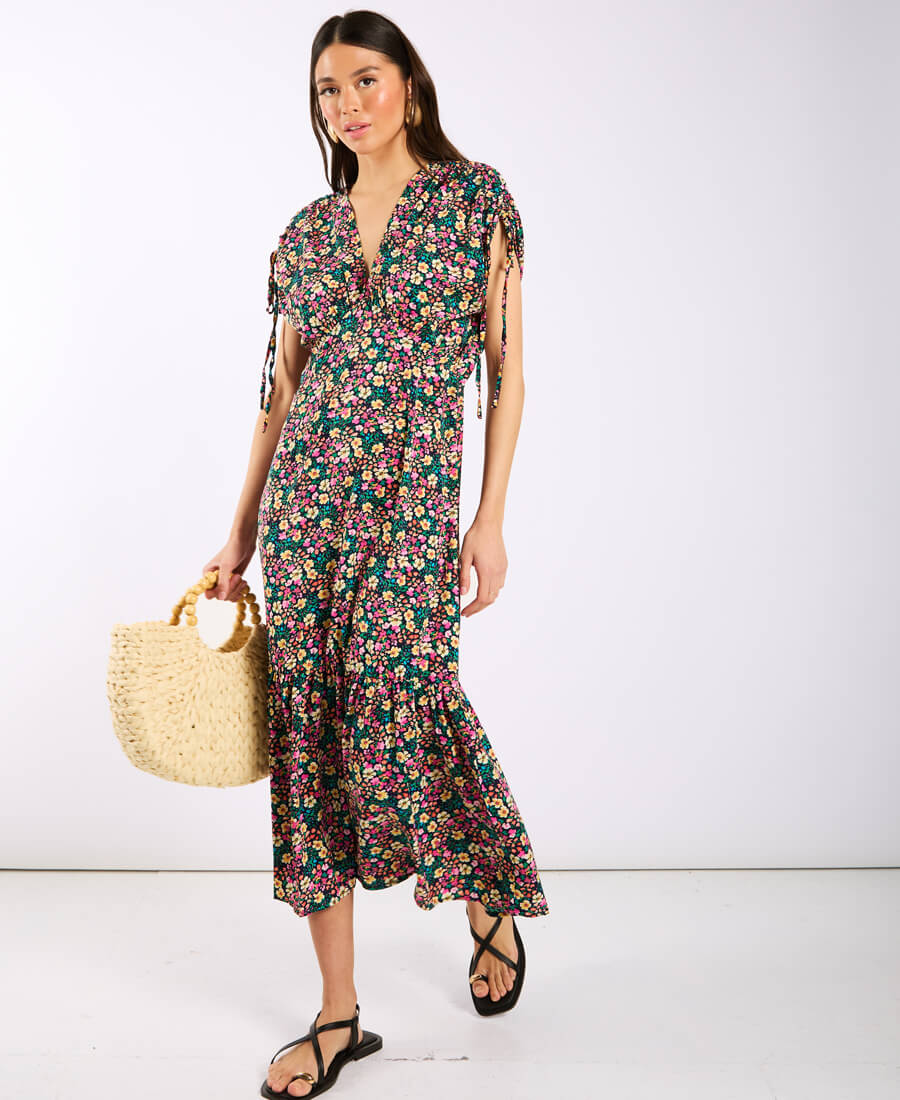 Multicoloured Floral Gathered Sleeve Midi Dress