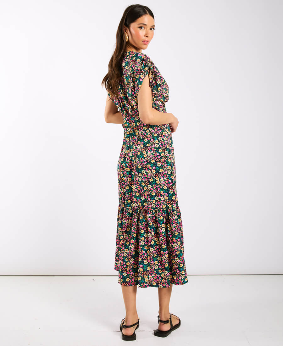 Multicoloured Floral Gathered Sleeve Midi Dress Side