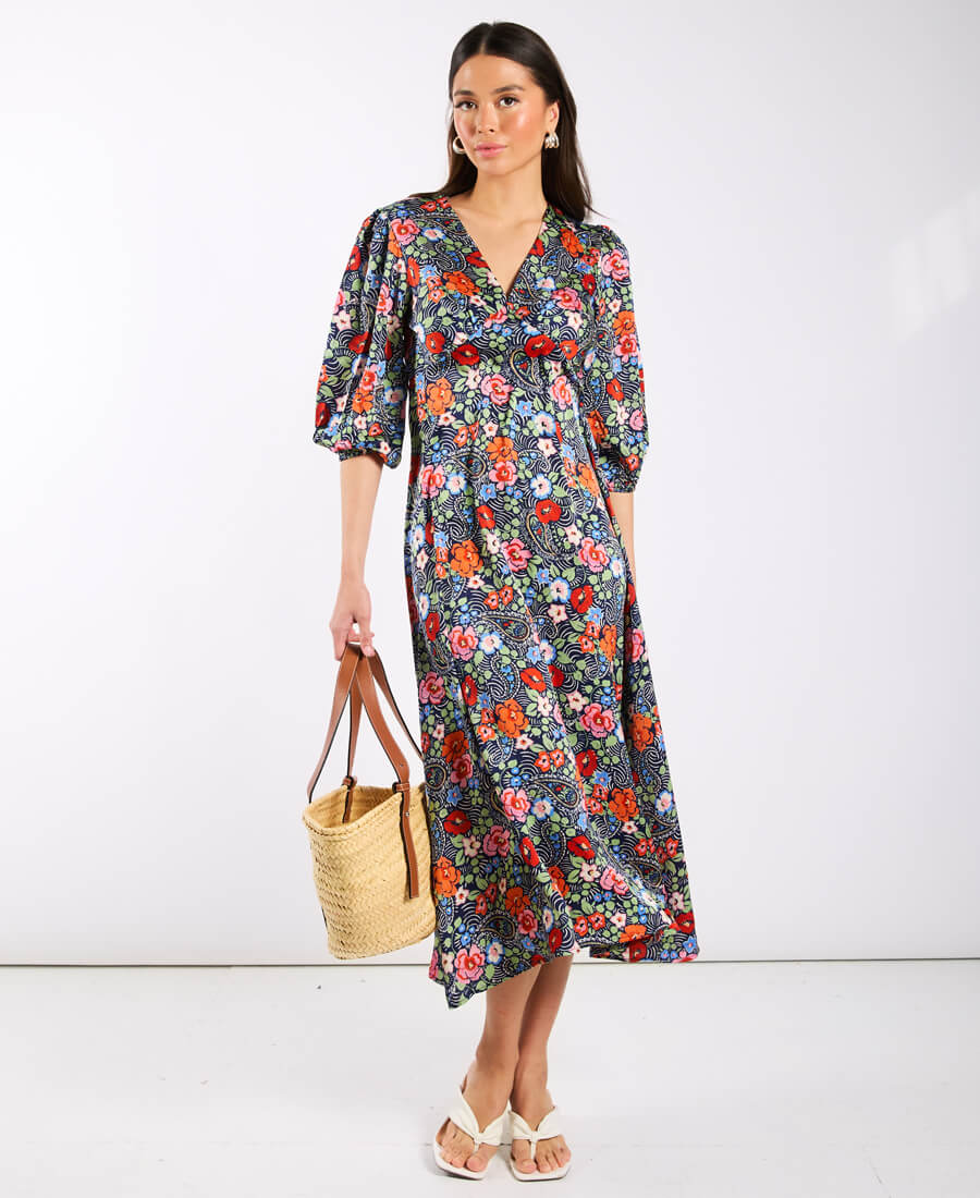 Multicoloured Floral Satin Midi Dress