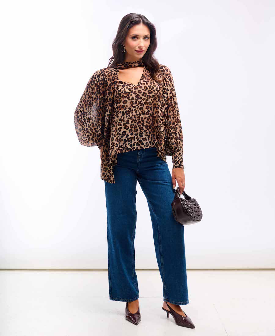 フェティコ HAND PRINTED TIE-NECK BLOUSE Leopard Printed Tie Neck Blouse – Needs No Label