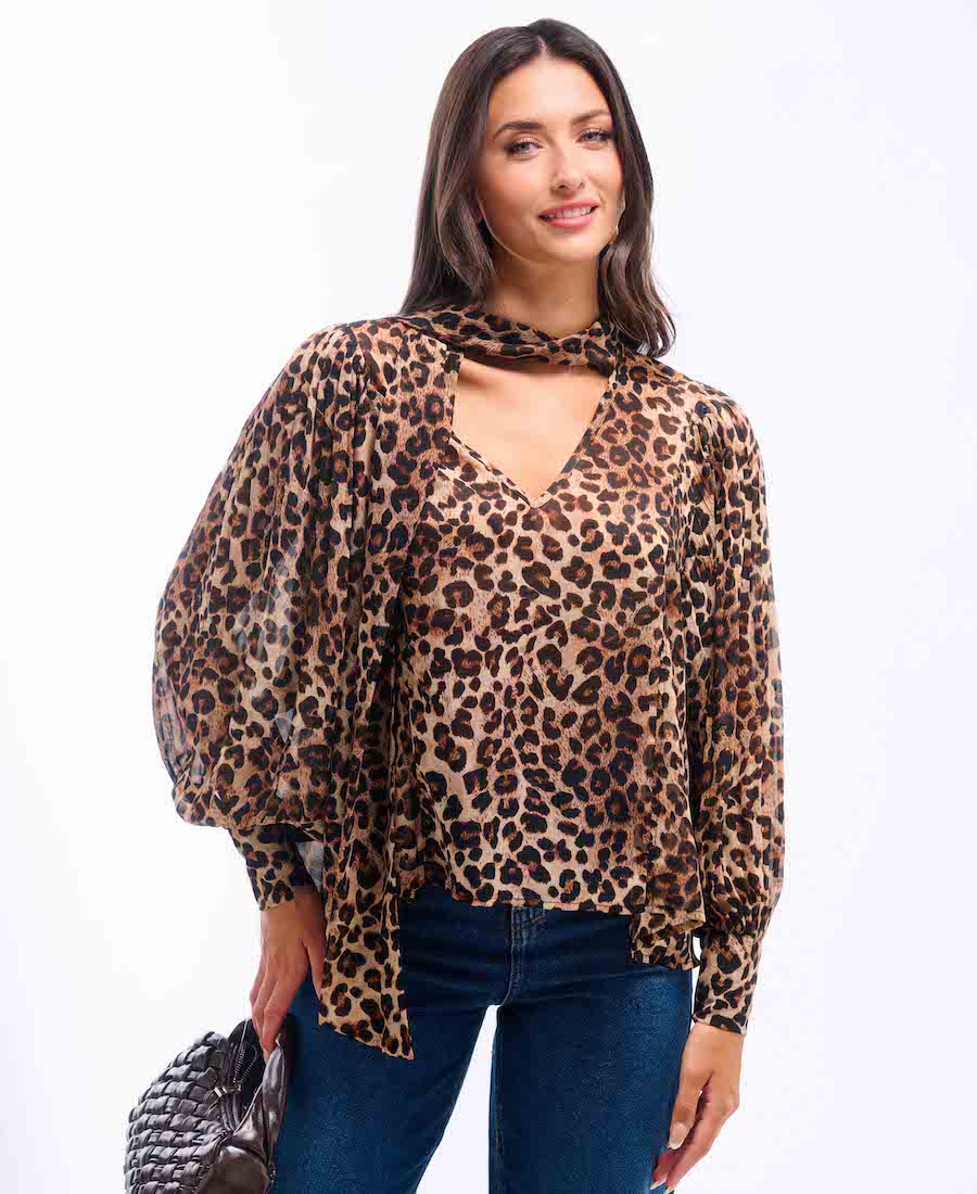 Leopard Printed Tie Neck Blouse