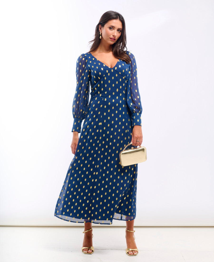 Dark Blue Long Sleeve Midaxi Dress