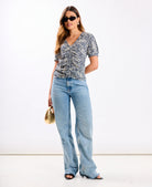 Navy Animal Printed Ruched Top