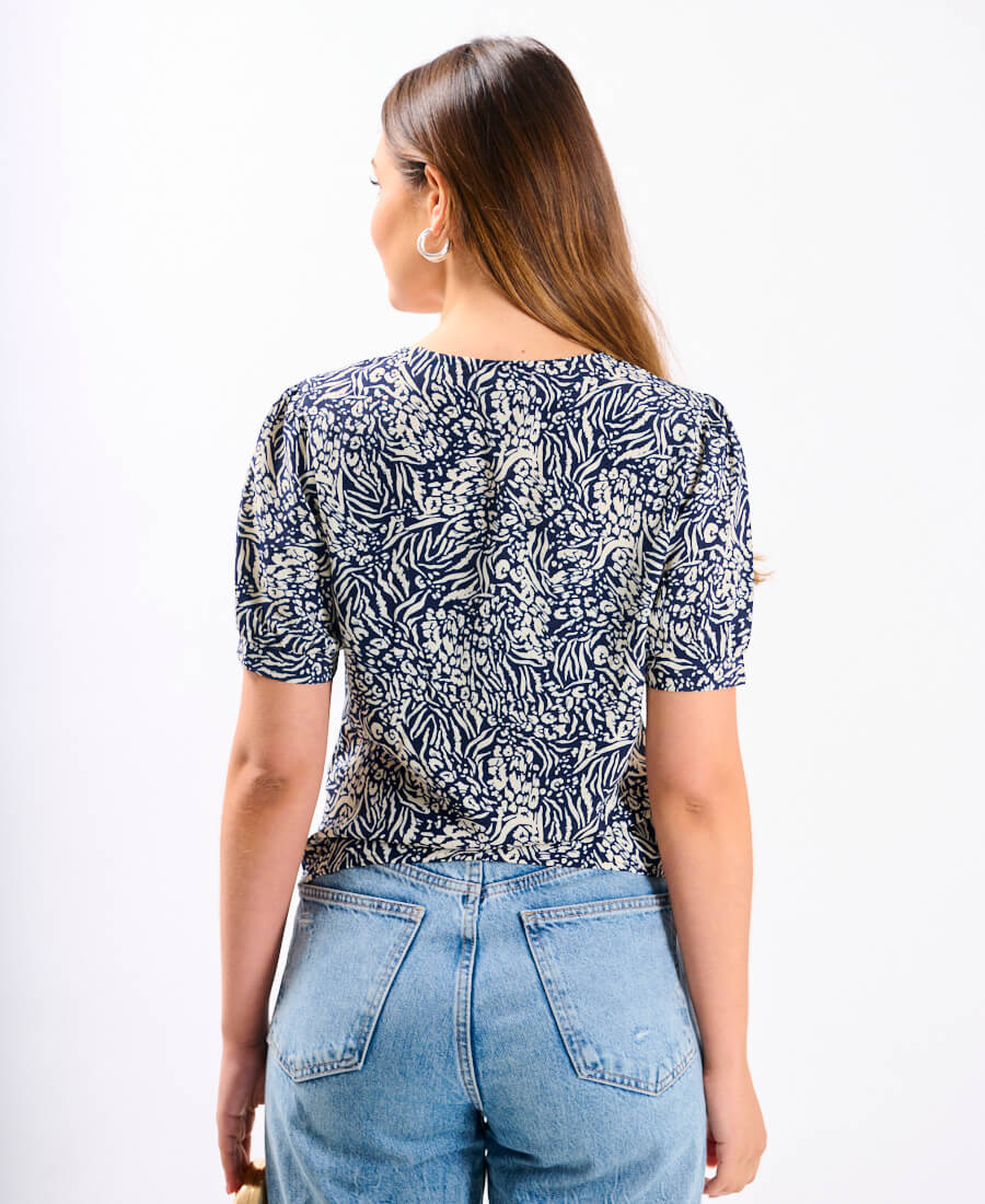 Navy Animal Printed Ruched Top
