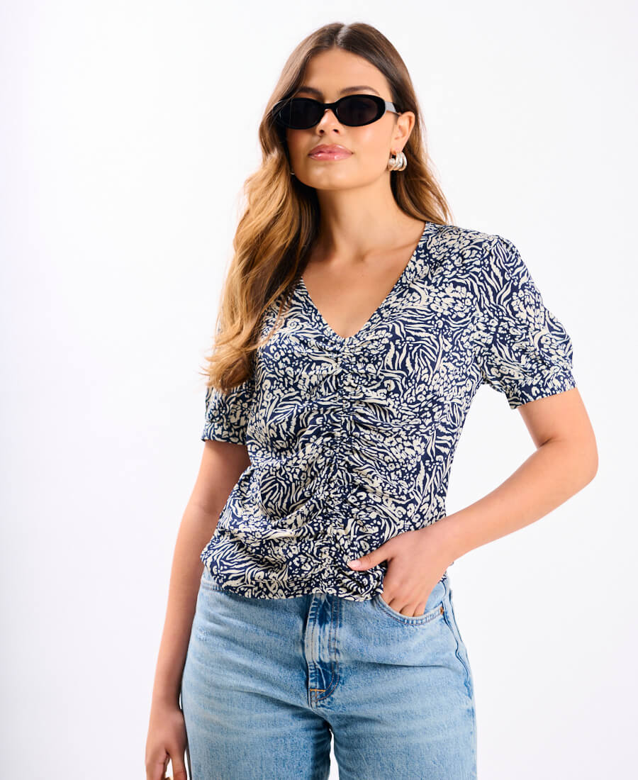 Navy Animal Printed Ruched Top