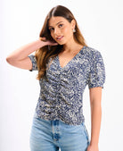 Navy Animal Printed Ruched Top