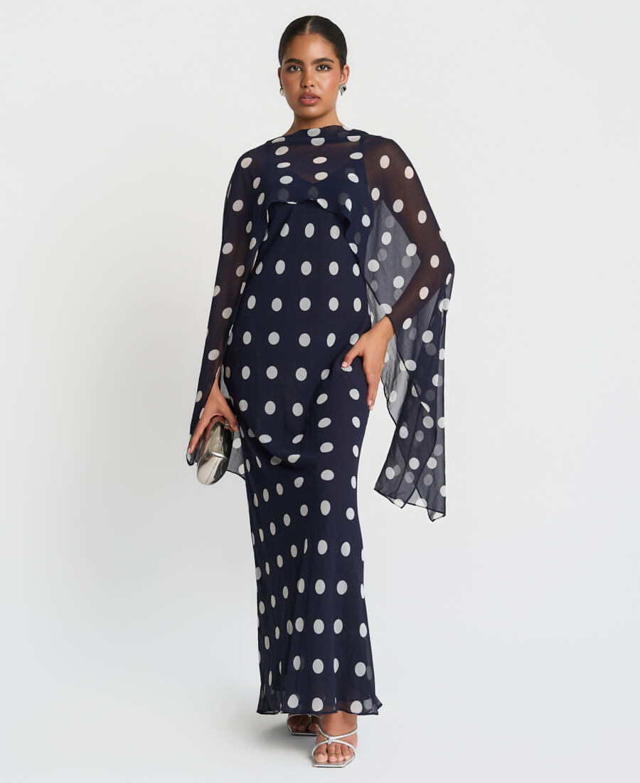 Spot Chiffon Cape Maxi Dress