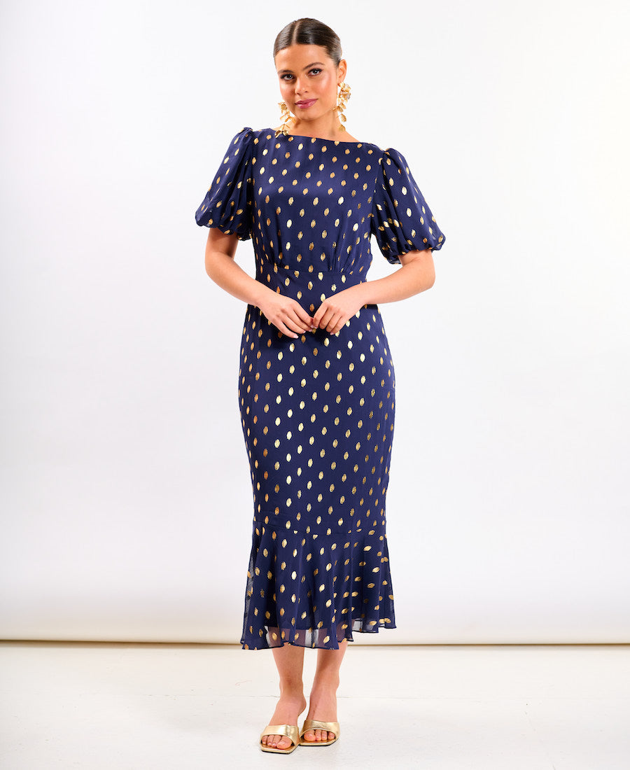 Navy Chiffon Foil Puff Sleeve Midi Dress
