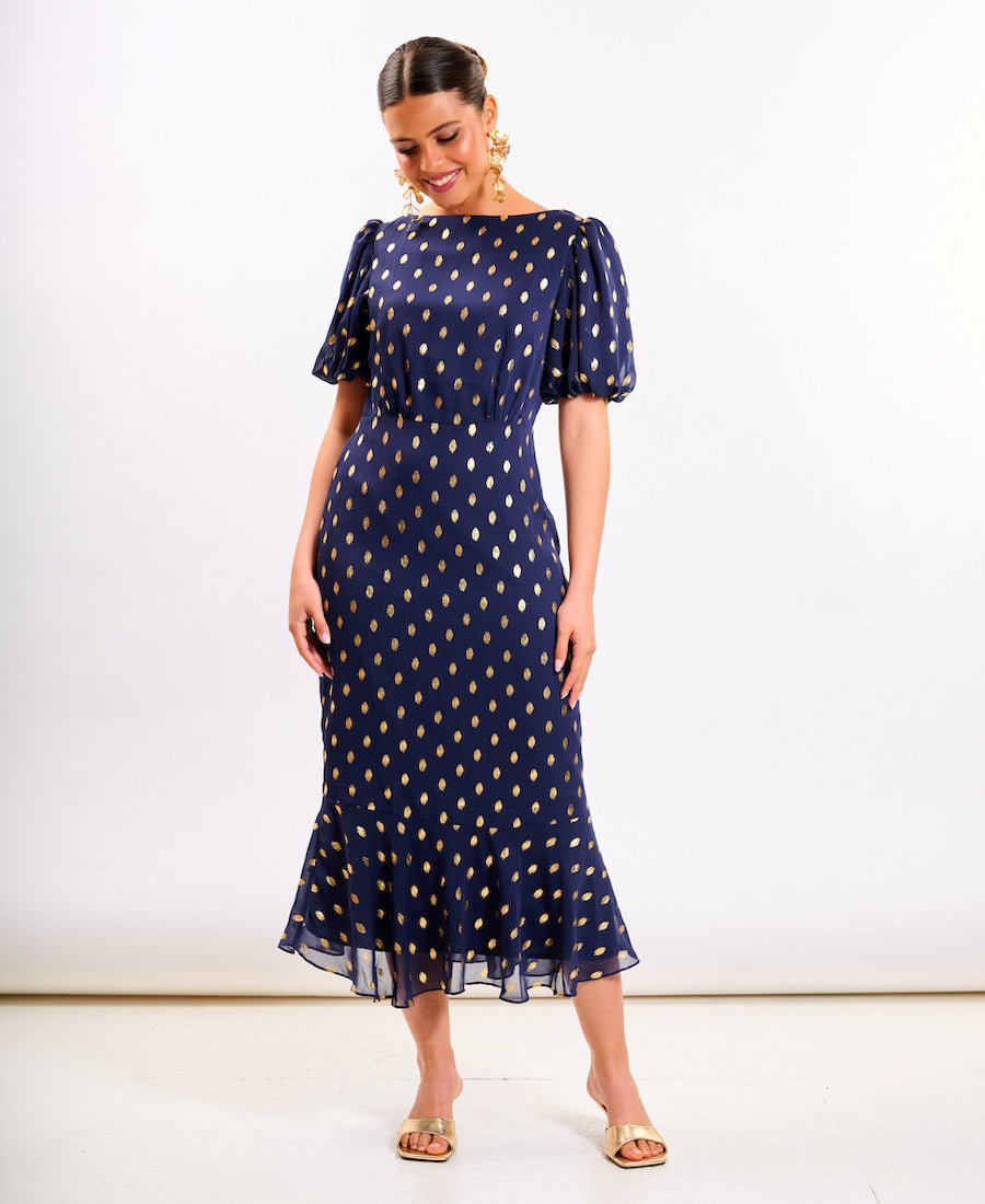 Navy Chiffon Foil Puff Sleeve Midi Dress