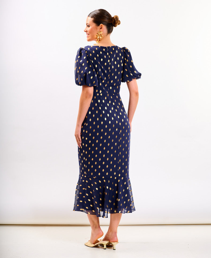 Navy Chiffon Foil Puff Sleeve Midi Dress