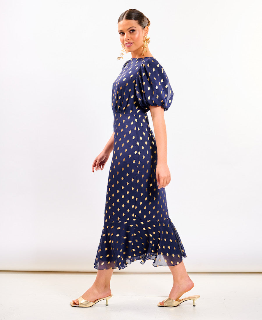 Navy Chiffon Foil Puff Sleeve Midi Dress