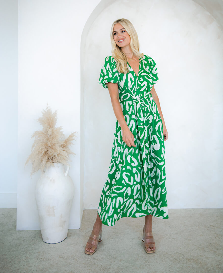 Needs No Label Green Wrap Tie Midi Dress