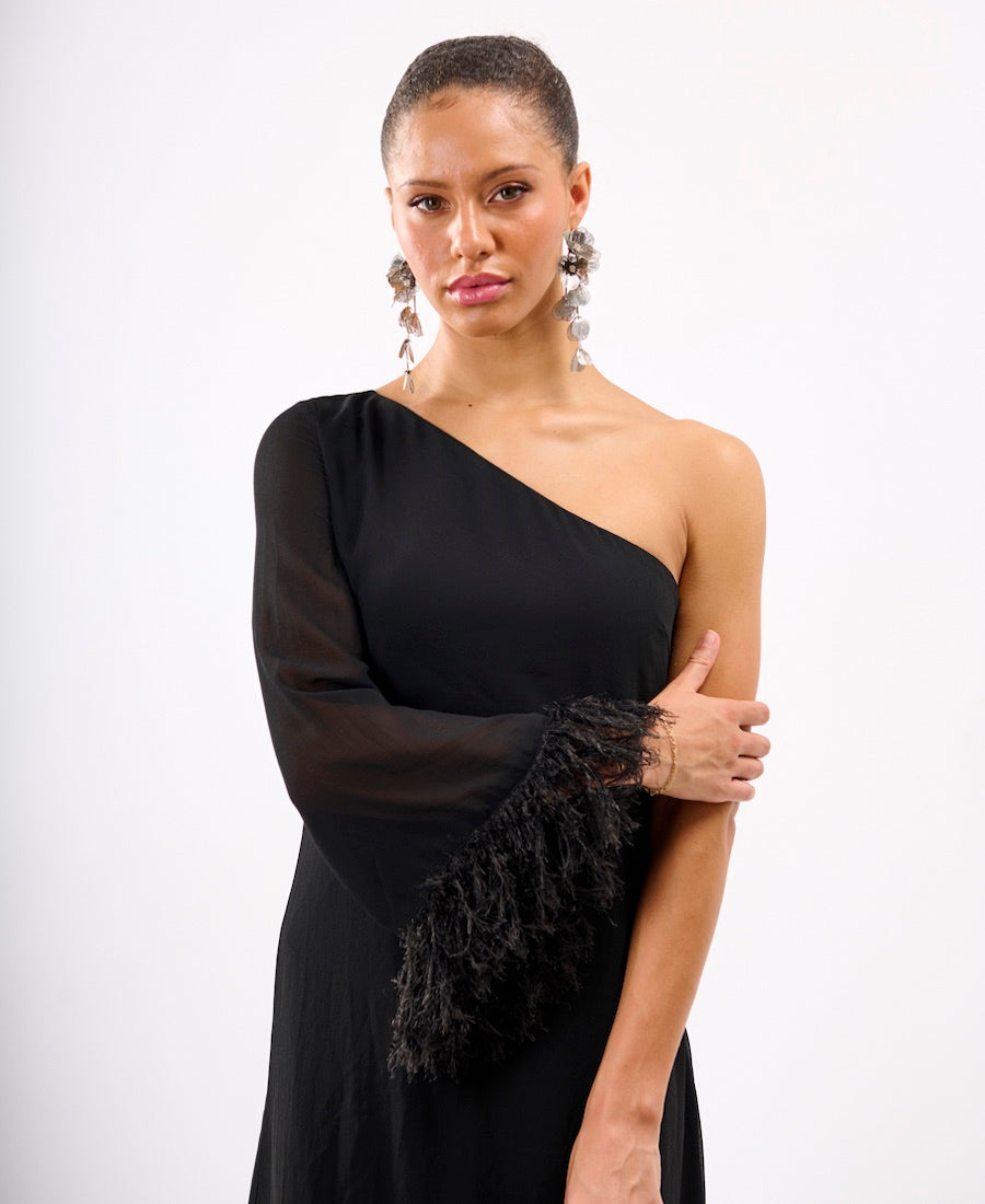Feather One Shoulder Dress Black