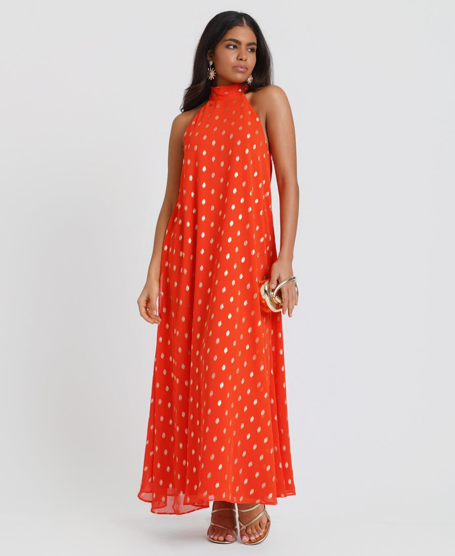 Orange Foil Halter Maxi Dress