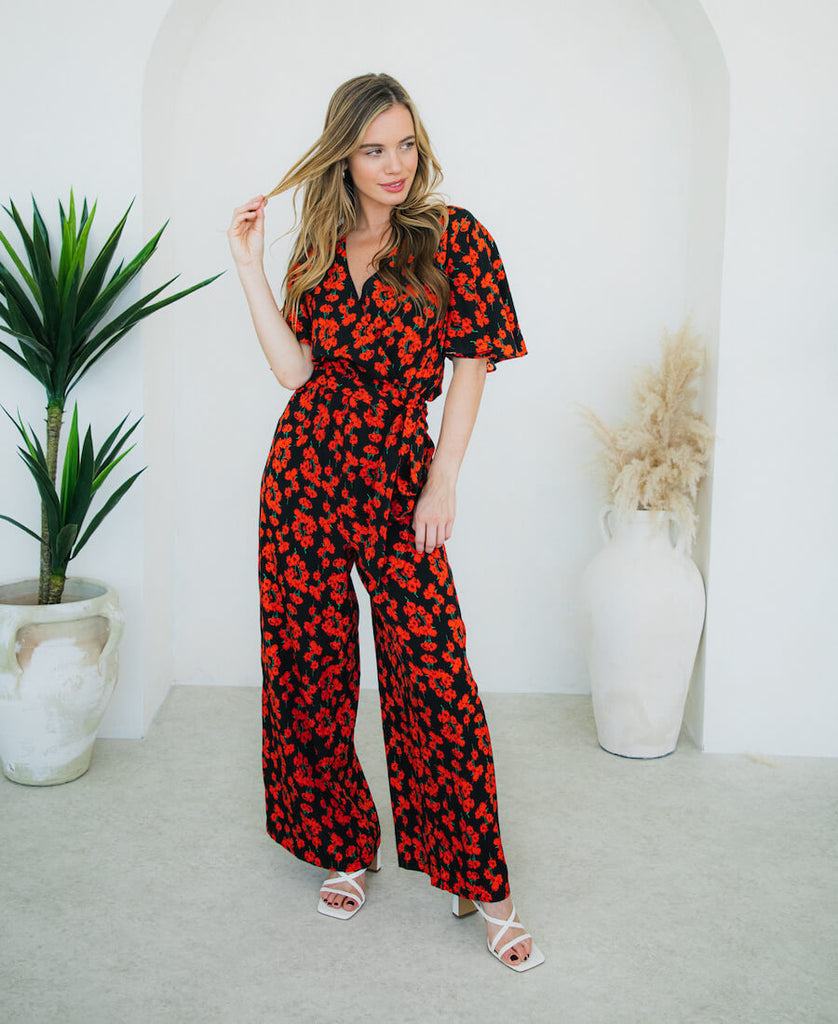 Floral Jumpsuit with red and black pattern