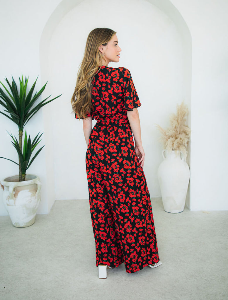 Red and Black Floral Jumpsuit 