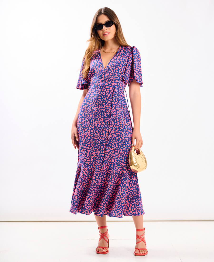 Pink Animal Wrap Midi Dress