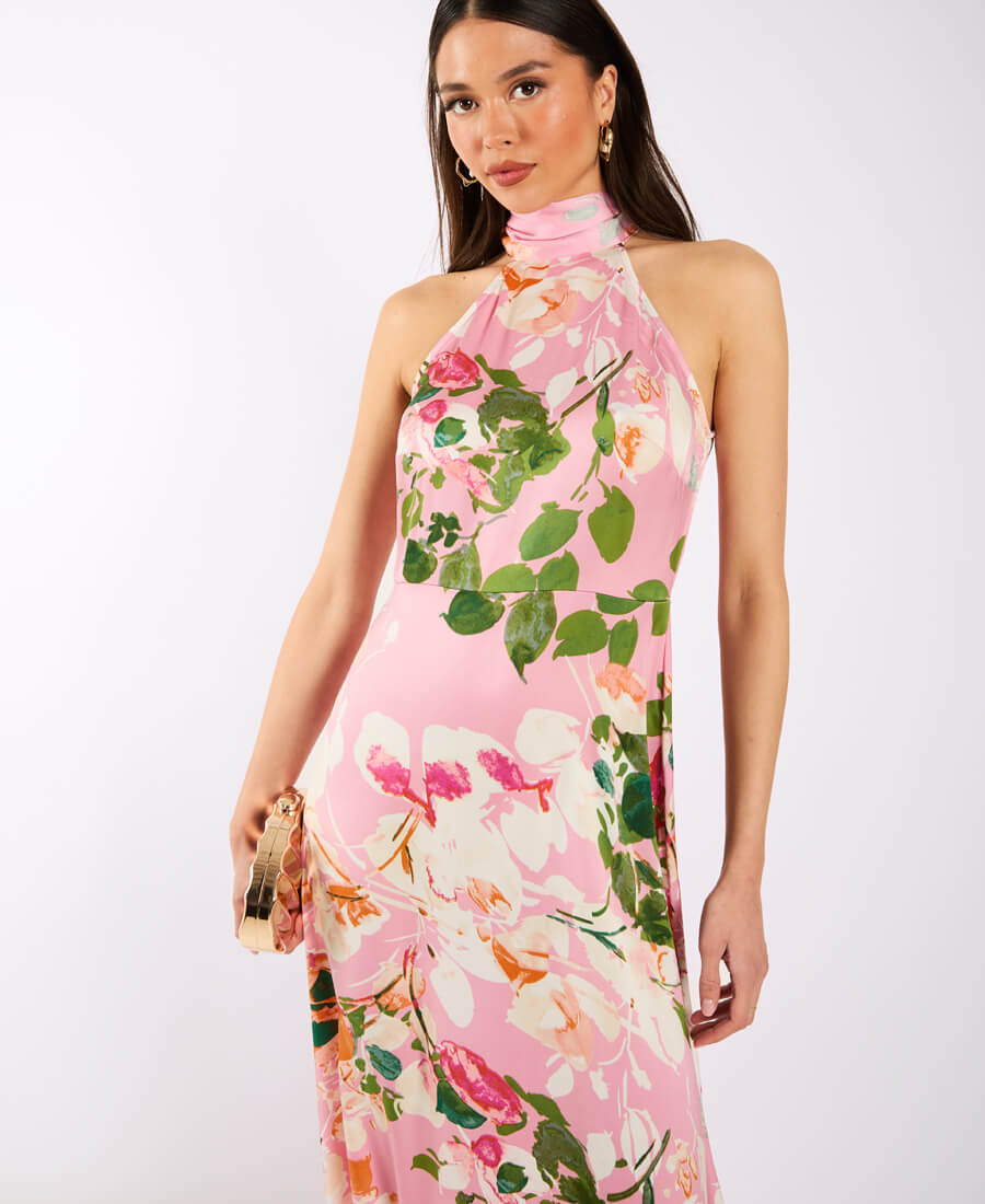 Pink Watercolour Floral Halter Neck Maxi Dress