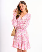 Pink Floral Long Sleeve Godet Mini Tea Dress