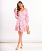 Pink Floral Long Sleeve Godet Mini Tea Dress