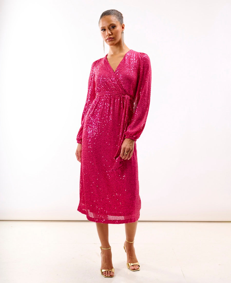 Pink Sequin Wrap Midi Dress