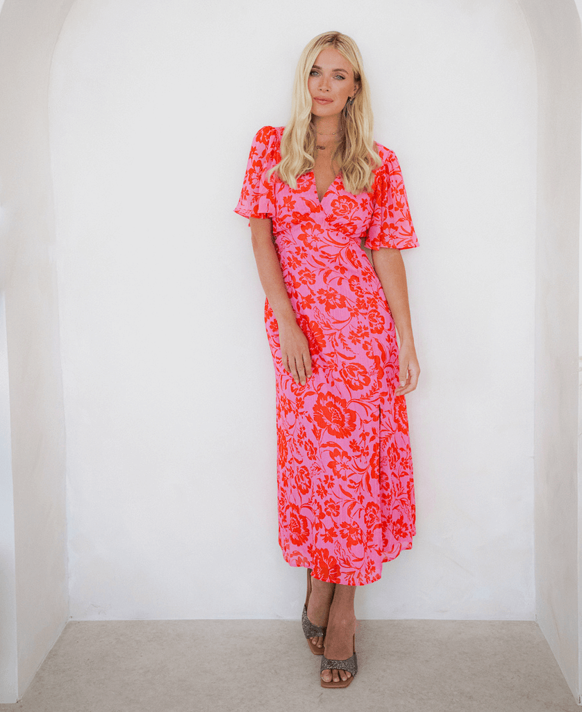 Pink and red pattern midi dress bright