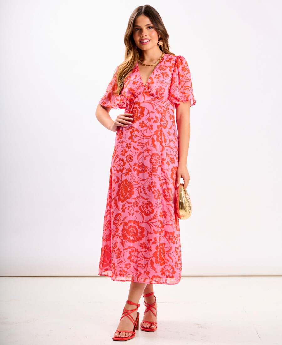 Pink floral Chiffon Flutter Sleeve Midi Dress