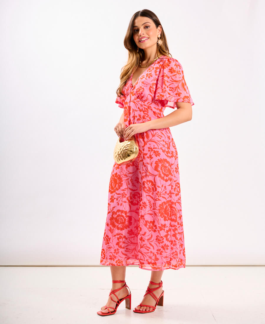 Pink floral Chiffon Flutter Sleeve Midi Dress