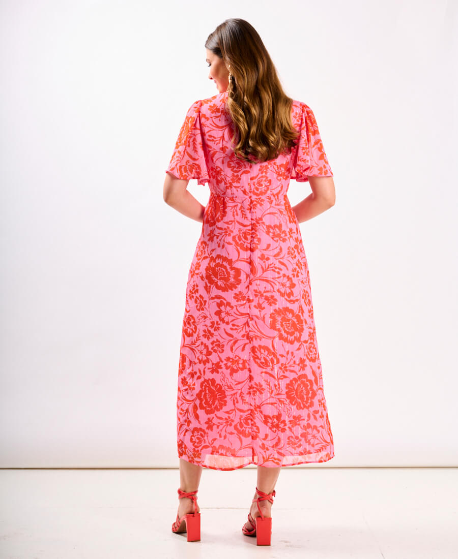 Pink floral Flutter Sleeve Midi Dress back