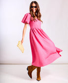 Pink gingham midi dress short puff sleeves