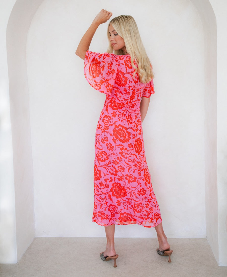 Pink and Red Floral Midi Dress