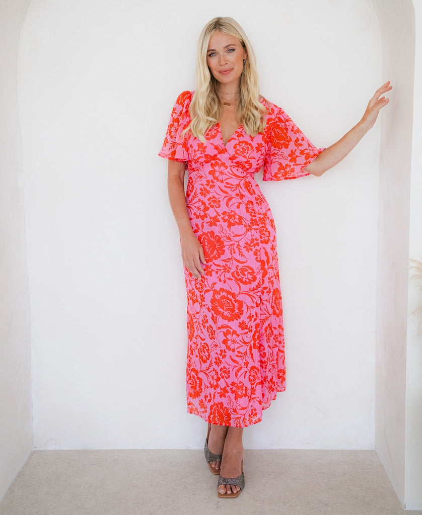 Pink and Red Maxi Dress with sleeves