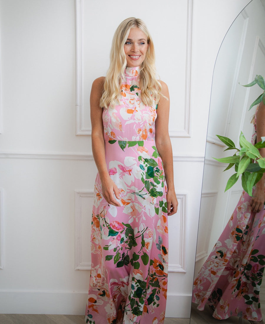 Pink halter neck dress floral pink pattern