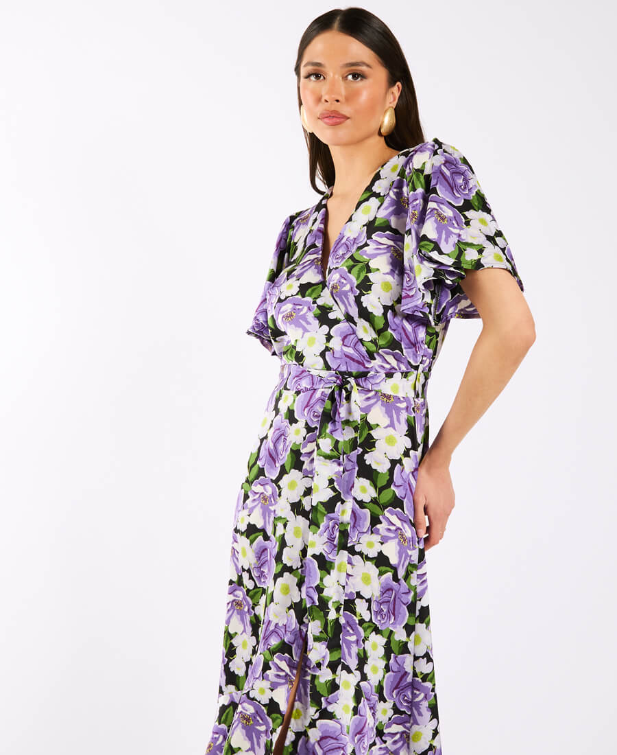 Purple Floral Wrap Midi Dress side