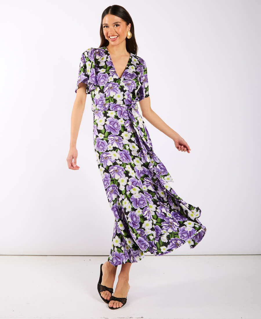 Purple Floral Wrap Midi Dress