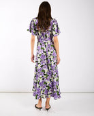 Purple Floral Wrap Midi Dress back