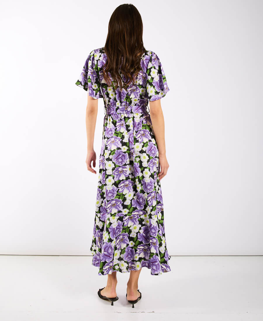 Purple Floral Wrap Midi Dress back