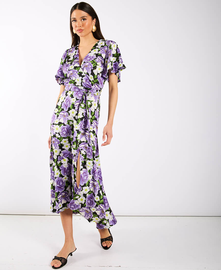 Purple Floral Wrap Midi Dress Short Sleeves